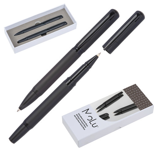 Ensemble d'criture en mtal noir avec un stylo  bille et un stylo roller.
