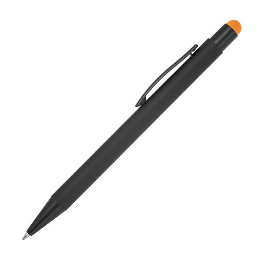 Stylo  bille orange en mtal avec fonction tactile et clip.