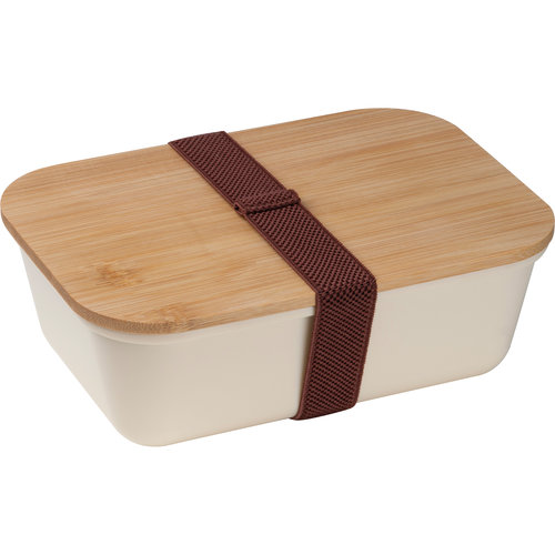 Bote  lunch beige en bambou avec gourde en inox et lastique.