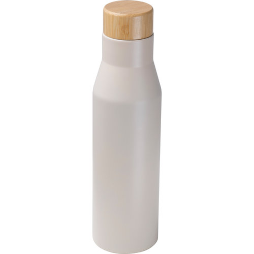Bote  lunch beige en acier inoxydable avec bouteille en acier inoxydable et couvercle en bois.