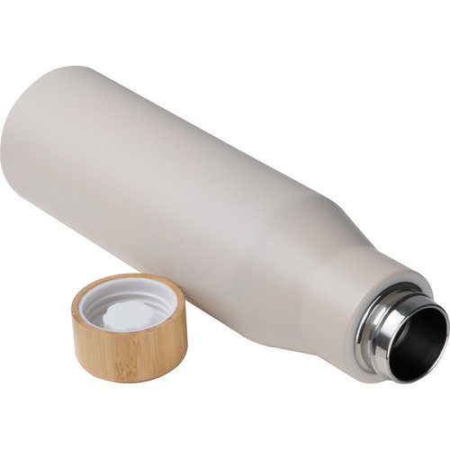 Bote  lunch beige avec bouteille en acier inoxydable et couvercle en bambou.