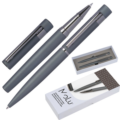 Ensemble d'criture en mtal gris avec stylo  bille et stylo roller.
