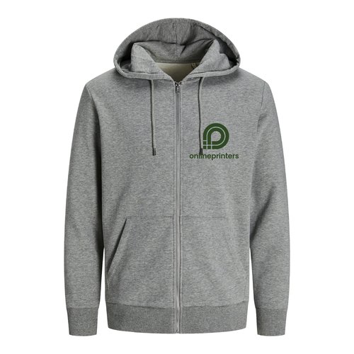 Veste de survtement chine grise en coton biologique et polyester recycl avec capuche et fermeture clair intgrale.