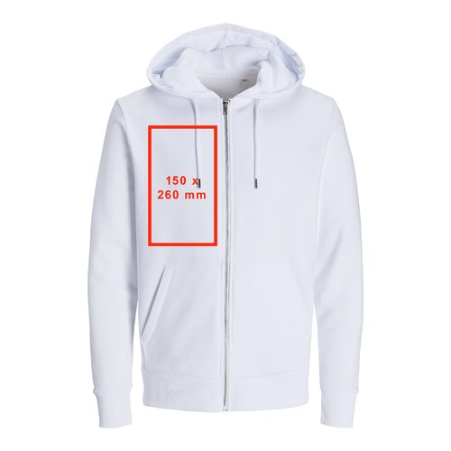 Veste de survêtement blanche à capuche, fermeture éclair intégrale et poches kangourou.