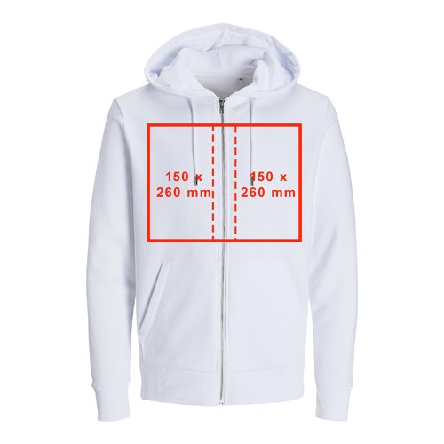 Veste de survêtement blanche en tissu avec capuche, fermeture éclair et coupe unisexe.