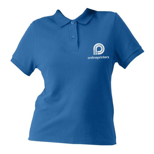 Polo bleu roi pour femme en coton biologique avec courte patte de boutonnage.