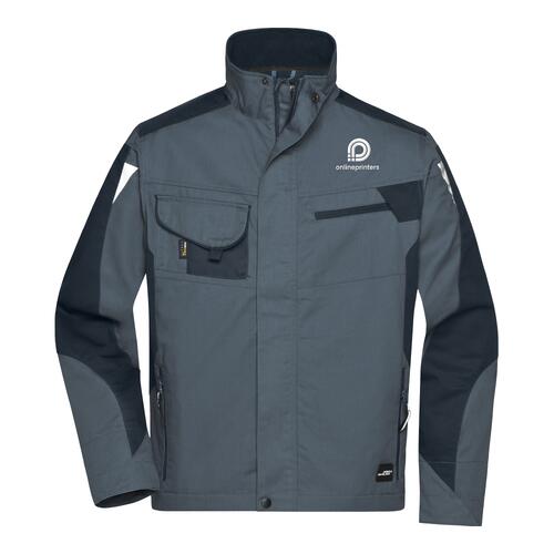 Veste de travail gris fonc� en m�lange polyester-coton avec fermeture �clair et poches multiples.
