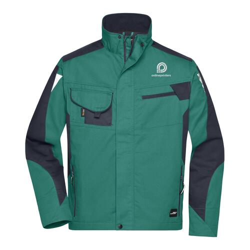 Veste de travail vert fonc� et noire en m�lange polyester-coton avec plusieurs poches.