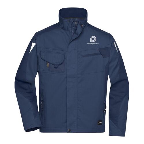 Veste de travail bleu marine en m�lange polyester-coton avec poches multiples.