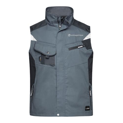 Gilet de travail gris fonc� en m�lange polyester-coton avec plusieurs poches et fermeture �clair.