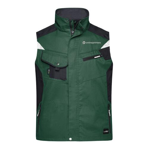 Gilet de travail vert fonc� en polyester-coton avec plusieurs poches.