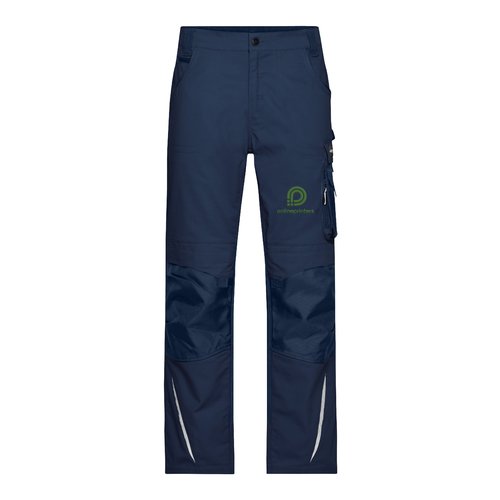 Pantalon de travail bleu marine en polyester-coton avec plusieurs poches.
