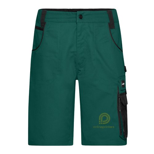 Shorts en tissu vert, unisexe, avec plusieurs poches.