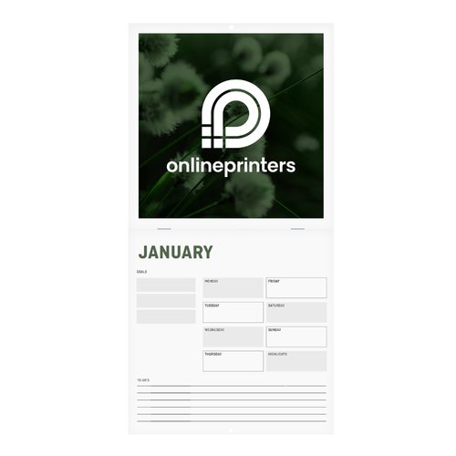Calendrier brochure en papier avec couverture et trou de suspension.