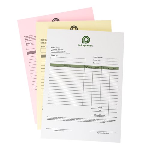 Piles de liasses autocopiantes en format portrait avec papier rose, jaune et blanc