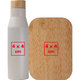 Ensemble bote  djeuner blanc avec bouteille en acier inoxydable et couvercle en bambou.