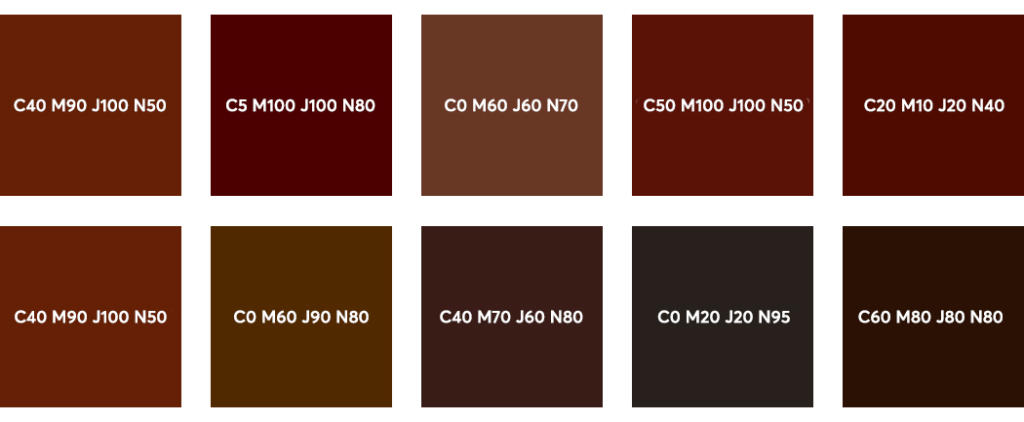 Couleurs CMJN : brun, rouge brun, châtain et chocolat
